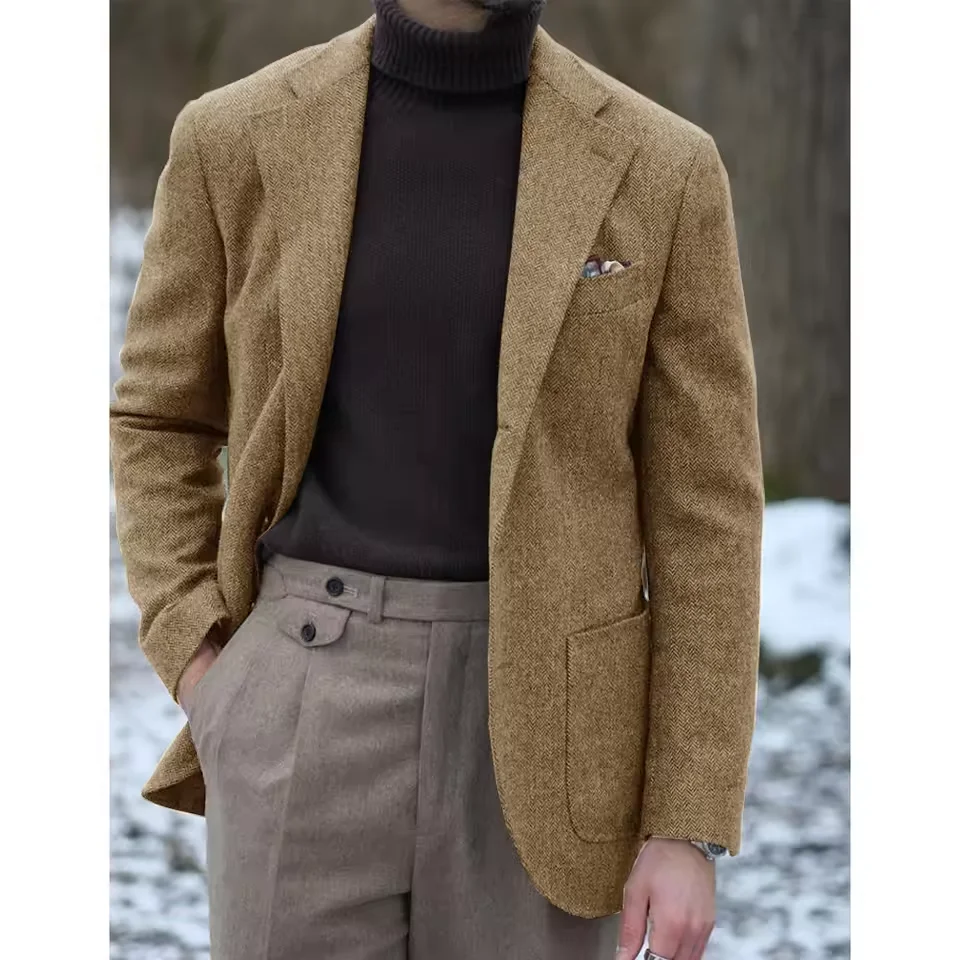 

Men Herringbone Suit Jacket Single Breasted Notch Lapel Slim Fit Blazer Comfortable Elegant Mens Pants Formal Business Casual