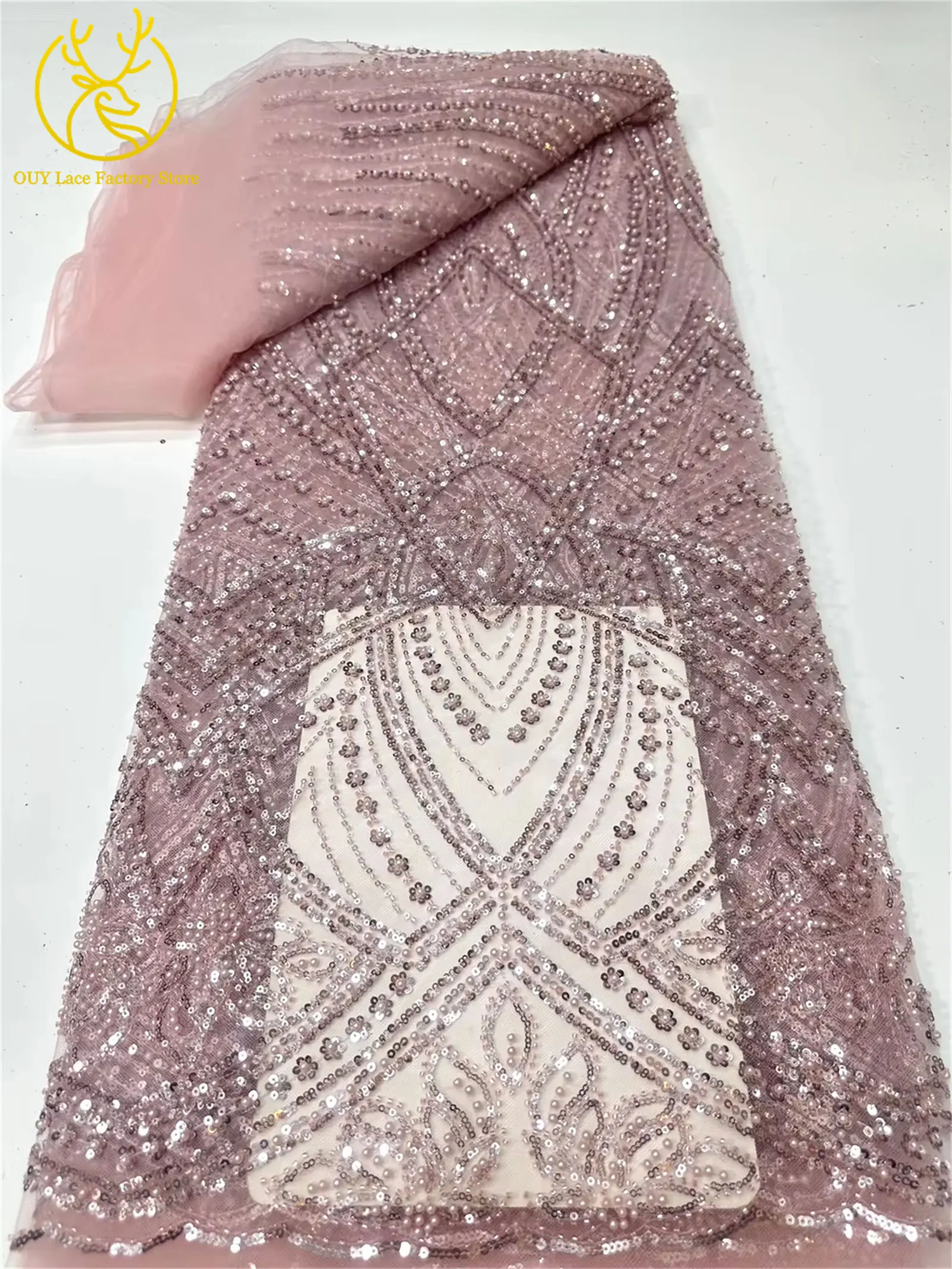 Luxuriöser orangefarbener afrikanischer Perlen-Mesh-Spitzenstoff, 5 Yards, bestickte Pailletten-Spitze, französische Tüllspitze für nigerianisches Hochzeitskleid – Detail 13