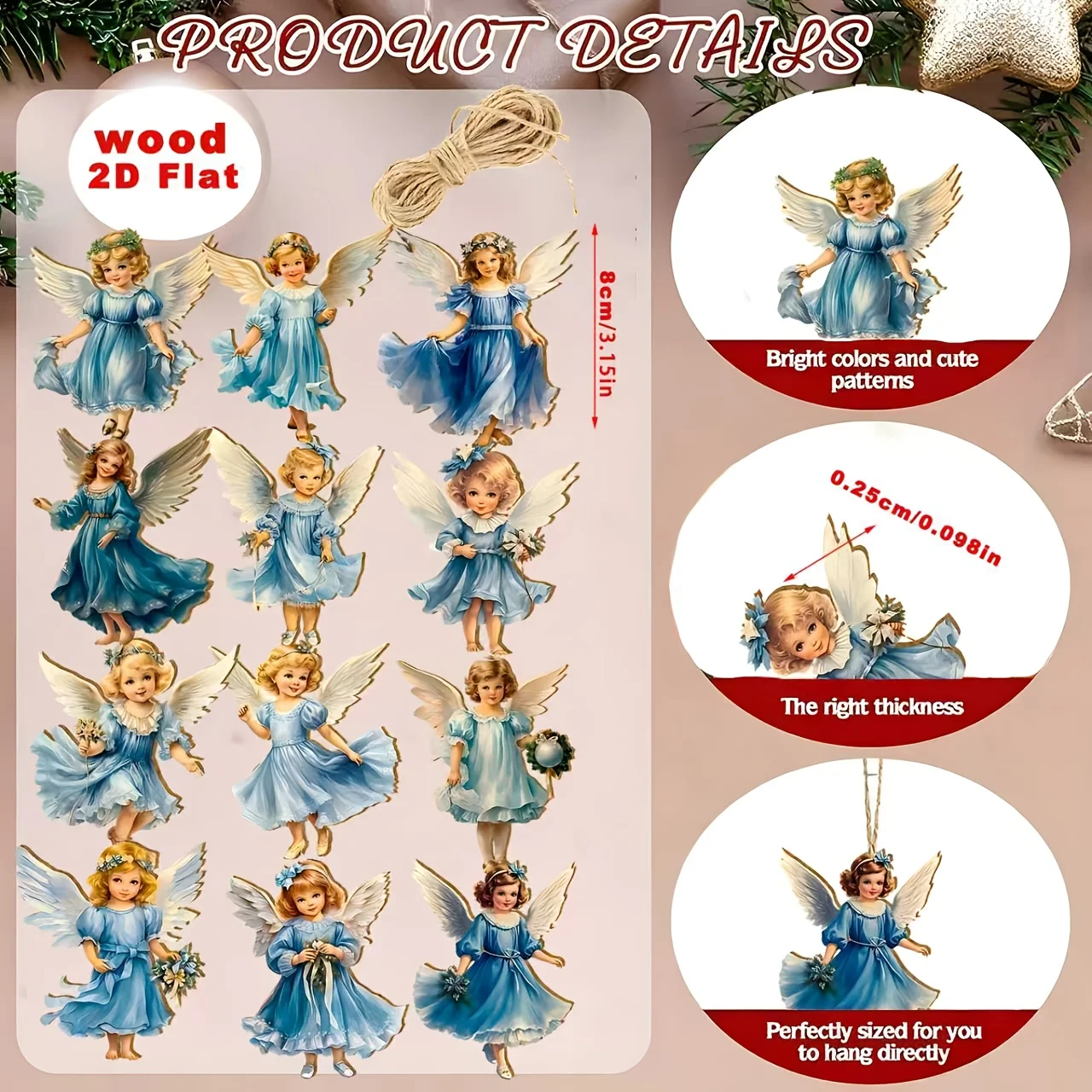 12 قطعة عيد الميلاد خمر خشبية الأزرق الملاك قلادة عيد ميلاد سعيد السنة الجديدة قلادة هدية شجرة عيد الميلاد ديكور لوازم أفضل الهدايا