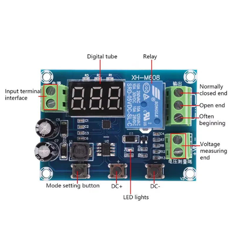 XH-M608 Battery Charge Discharge Module DC 6-40V Integrated Voltmeter Undervoltage Overvoltage Protection Timing Discharge Board