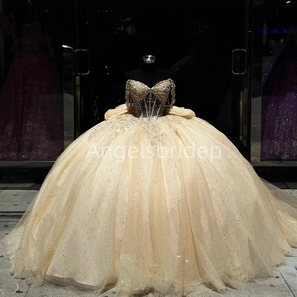 Angelsbride Champagne Shiny Tulle Sequined Ball Gown Quinceanera Dresses Beads Vestido De 15 Anos Princess Party Dress