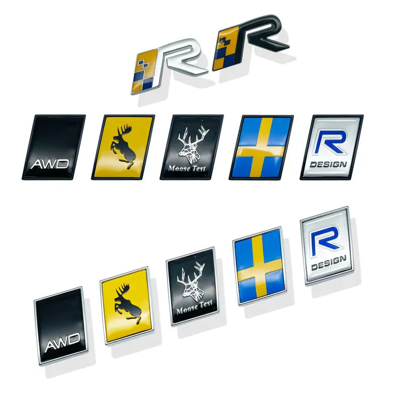 3D Metal Chrome R Design AWD Emblem Sweden Flag Moose Deer Rear Trunk Fender Side Badge Sticker For Volvo V40 XC60 XC90 C30 V60