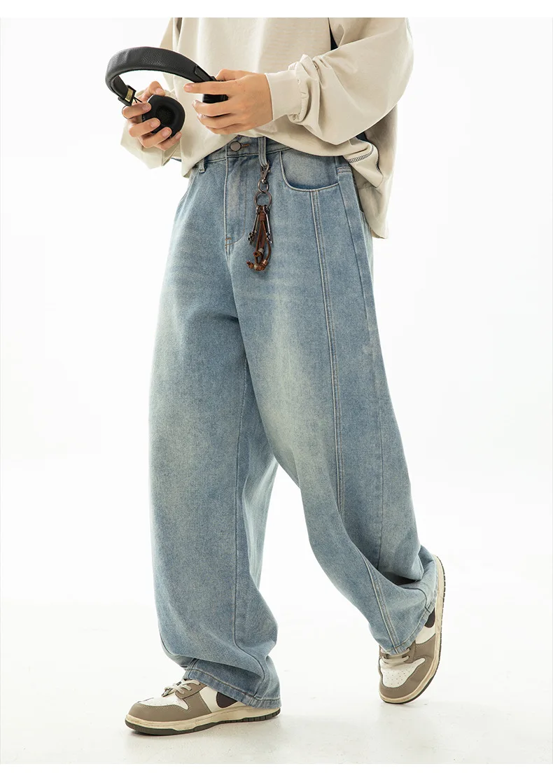 Men Jeans Distressed Jean Solid Straight Denim Full Length Pants Washed Loose Zipper Fly Vintage Pockets High Waist Spring
