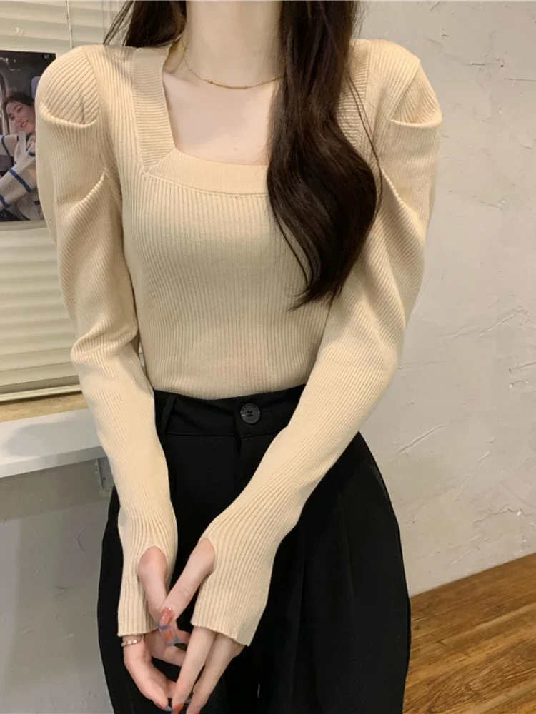 OCEANLOVE Autumn Winter Pull Femme Solid Square Neck Puff Sleeve Vintage Women Sweaters Korean Sweet Short Pullovers Fashion