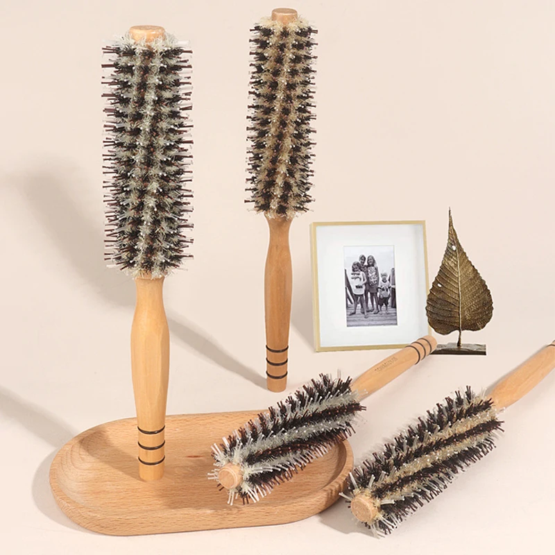 4 Style Straight Twill Hair Comb Wood Handle Round Rolling Brush Boar Bristle Round Barrel Hair Curling Brush Hairdressing Tool