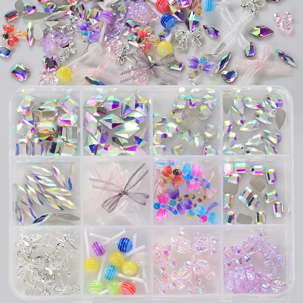 12grids 3D Glass Red Crystal Flatback Nail Rhinestones Mix Cherry Starwberry Bow Nail Jewels Multi Shapes Resin Nail Art Supplie