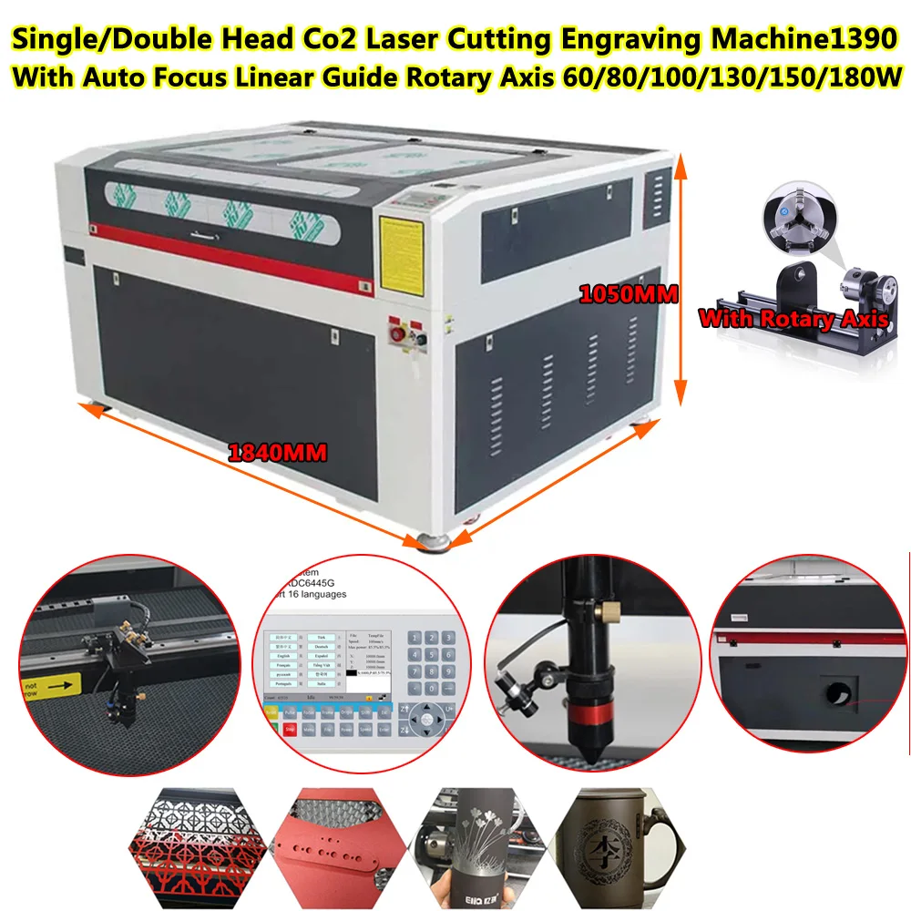 آلة قطع ونقش بالليزر Co2 أحادية/مزدوجة الرأس مع محور دوار 150/180 واط شاشة لمس اختيارية