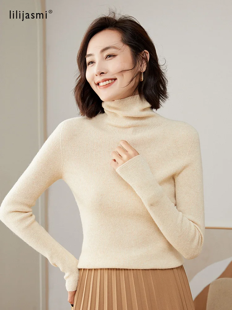 Women Turtleneck 100% Wool Pullover No-Seam Unibody Basic Solid Style Thin Sweater Pure Elastic Slim Fit Jumpers 2022 New Colors