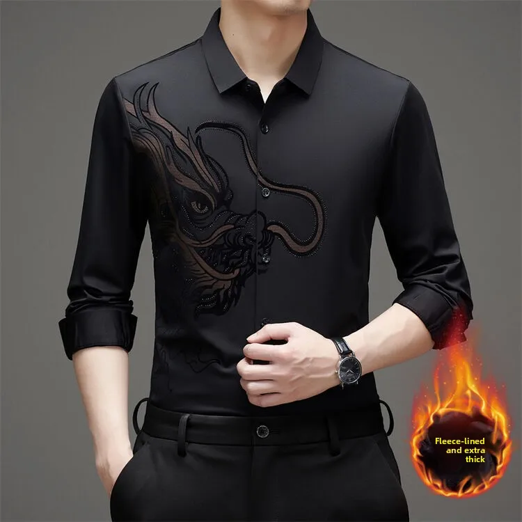 

Busin Casual Long Sve Men's Fce Lined irt Faionable Print Sl Design Premium Quali Polyester Blend