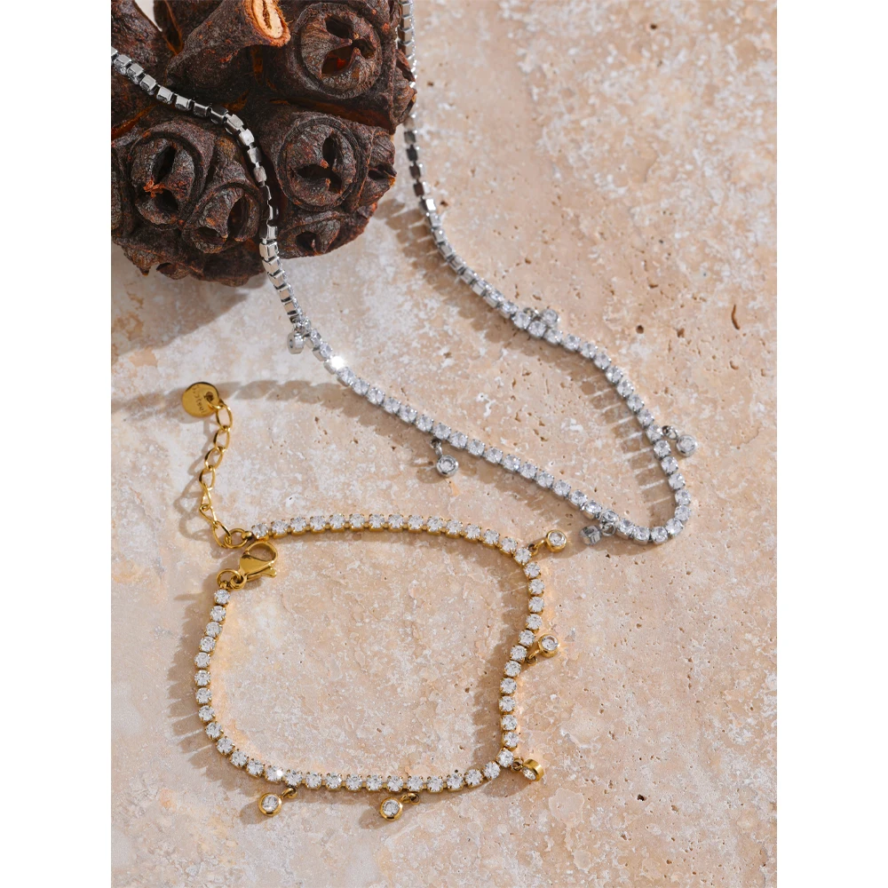 Yhpup Luxury Shiny Cubic Zirconia Chain Necklace Bracelet Set Stainless Steel High-Grade Shiny Premium Jewelry Delicate Gift