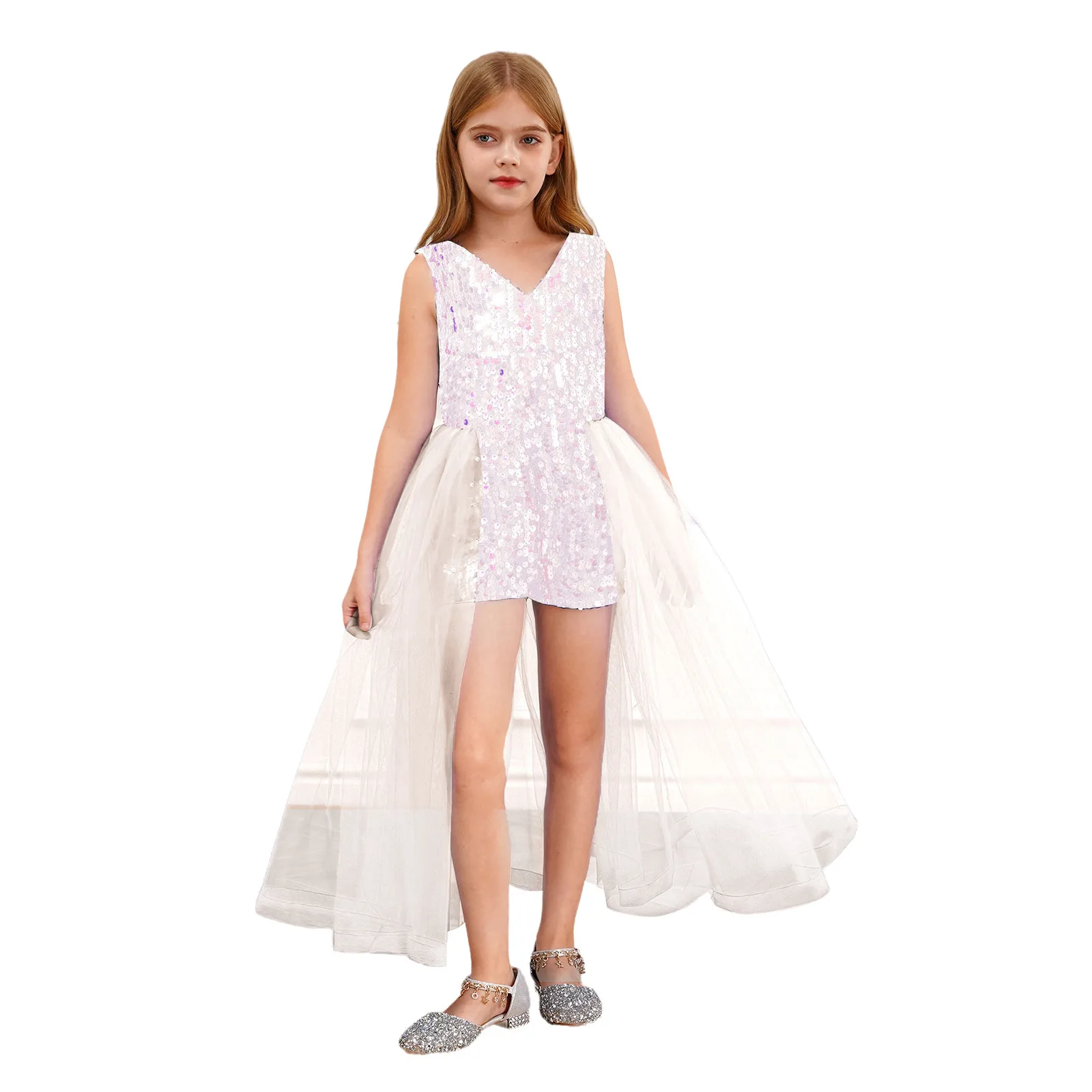 Romper de lantejoulas brilhante com saia de tule para crianças, vestido formal sem mangas para meninas, decote V, vestido de festa de aniversário para crianças