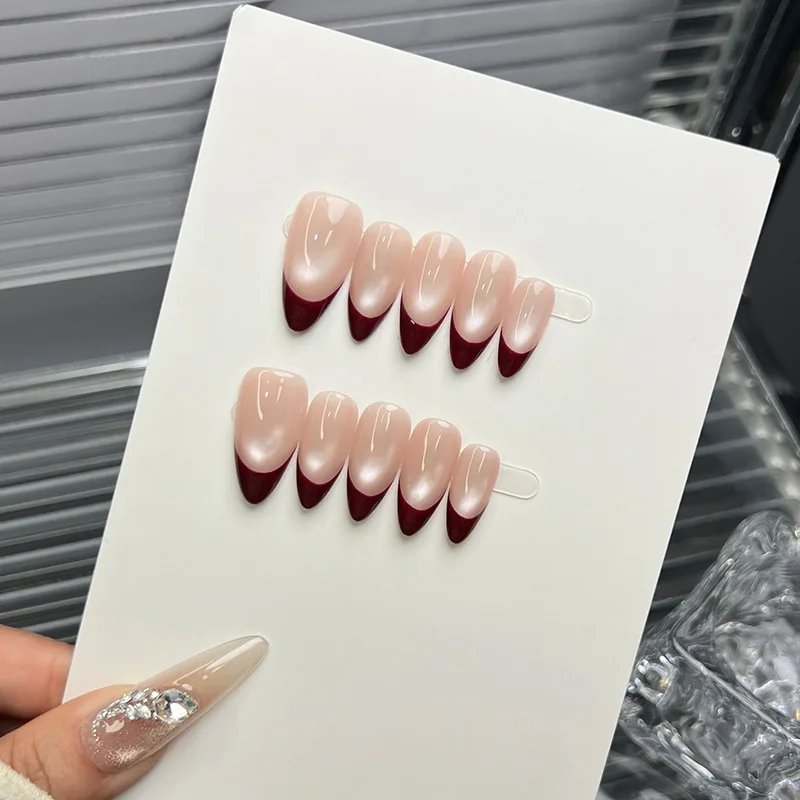

10pcs Red French Handmade Nails Gradient Nude Cat Eye Sparkle Press on Nail Almond Full Coverage Nail Tips for Women&Girl