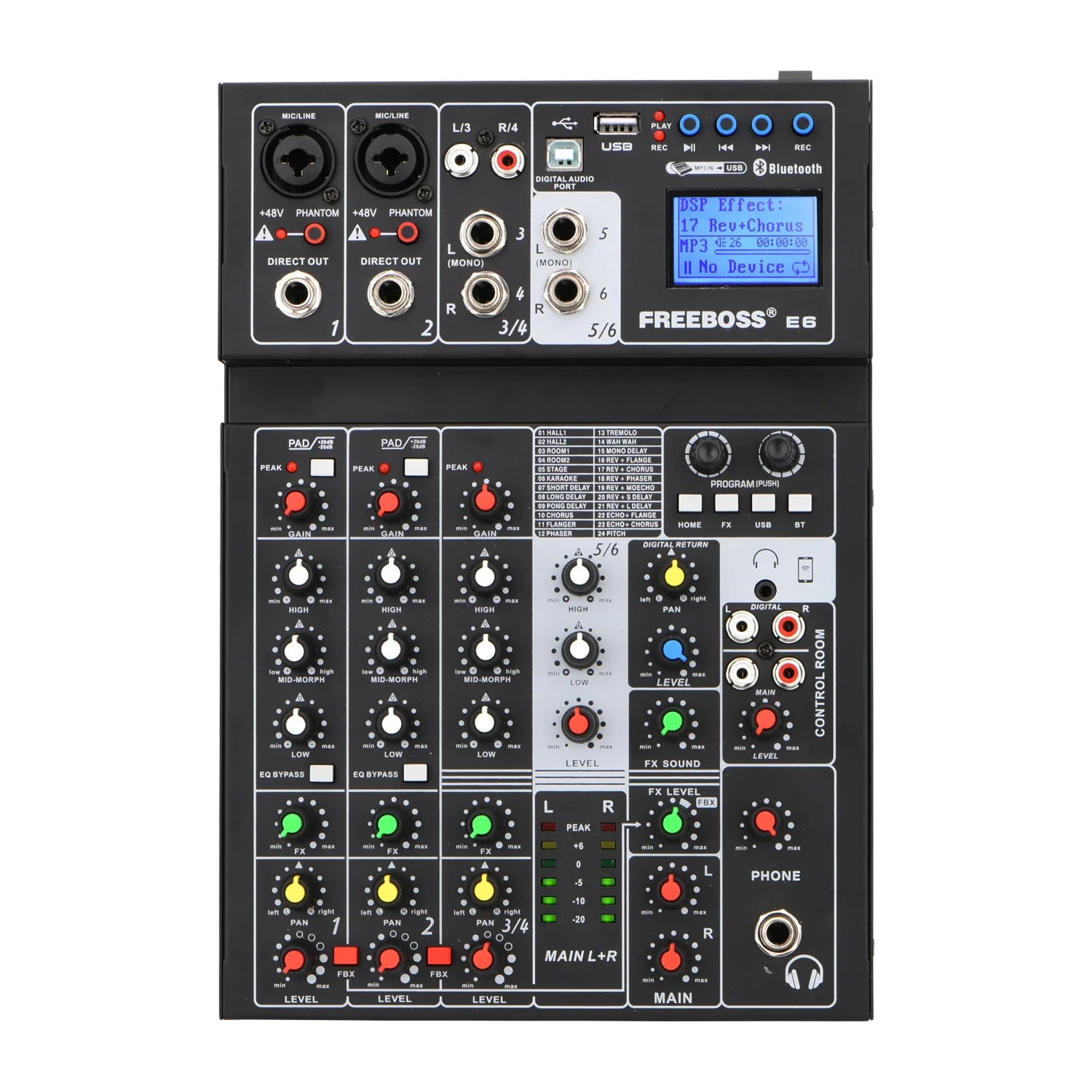 

Freeboss 6 Channel Bluetooth Mixing Console 24 DSP Effect 48V Power USB Play PC Record Phone Input Audio Mixer Live Broadcast E6