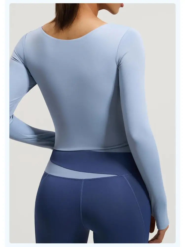 Women Long Sleeve Workout Top Quick-Dry Crop Yoga T Shirt With Fixed Bra Pads Thumb Hole Fitness Athletic Top