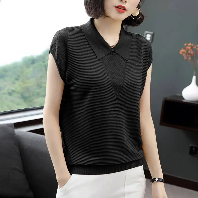 2023 Summer Lady New Square Neck Solid Color Tops Women Casual Fashion Loose Comfortable Hollow Refreshing KnittingT-shirt