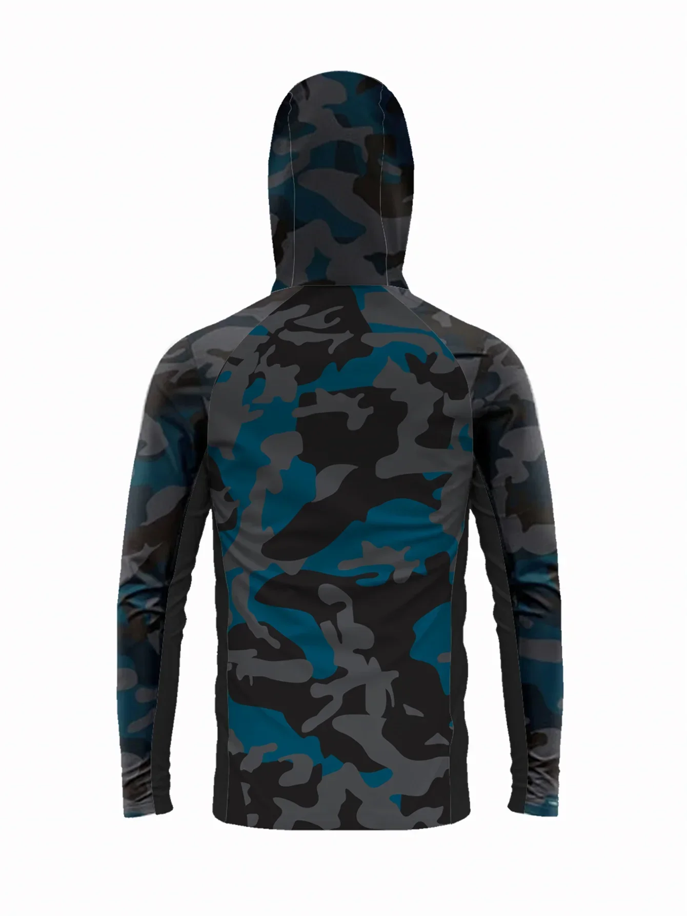 UPF50+ Sonnenschutz-Hoodie für Männer zum Angeln, Dunkel-Ozean-Camouflage-Druck, Gesichtsmaske, schnelltrocknend, leichtes Angel-T-Shirt – Detail 3
