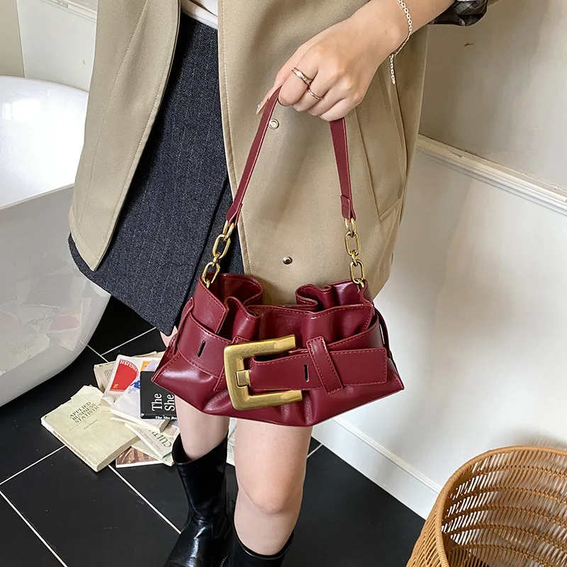 

High- Quality Soft Leather Women's Bag | Hardware Belt Buckle,Pleated Armpit Single - Shoulder Bag,Large -Capacity Crossbody Bag