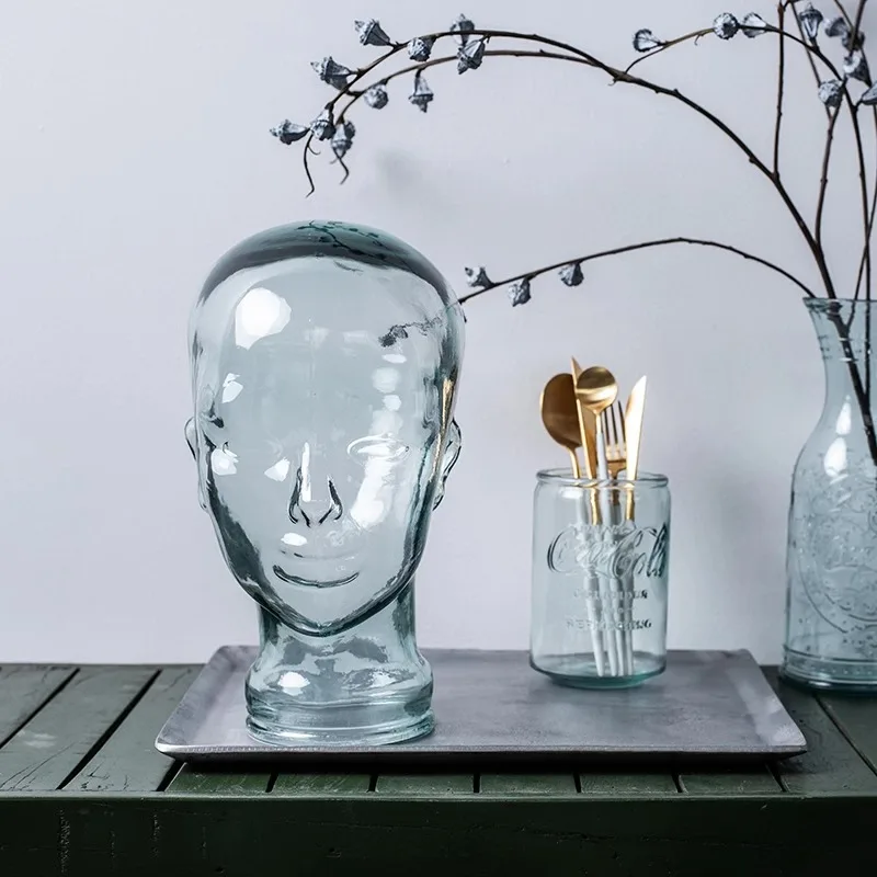 

Handmade glass man avatar model transparent head mold prop head display ornament retro decorative statue earphone rack