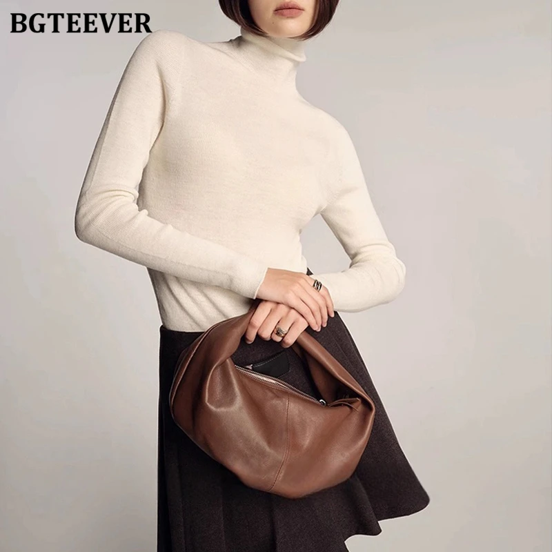 

Женские повседневные свитера с высоким воротом и длинными рукавами BGTEEVER, осенне-зимние облегающие вязаные пуловеры для женщин