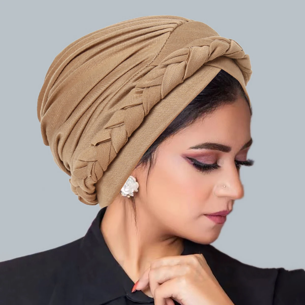 Solid Color Braid Muslim Hijab Caps Crossed Forehead Women Wrap Head Soft Elastic  Fashion Indian Turban Bonnet