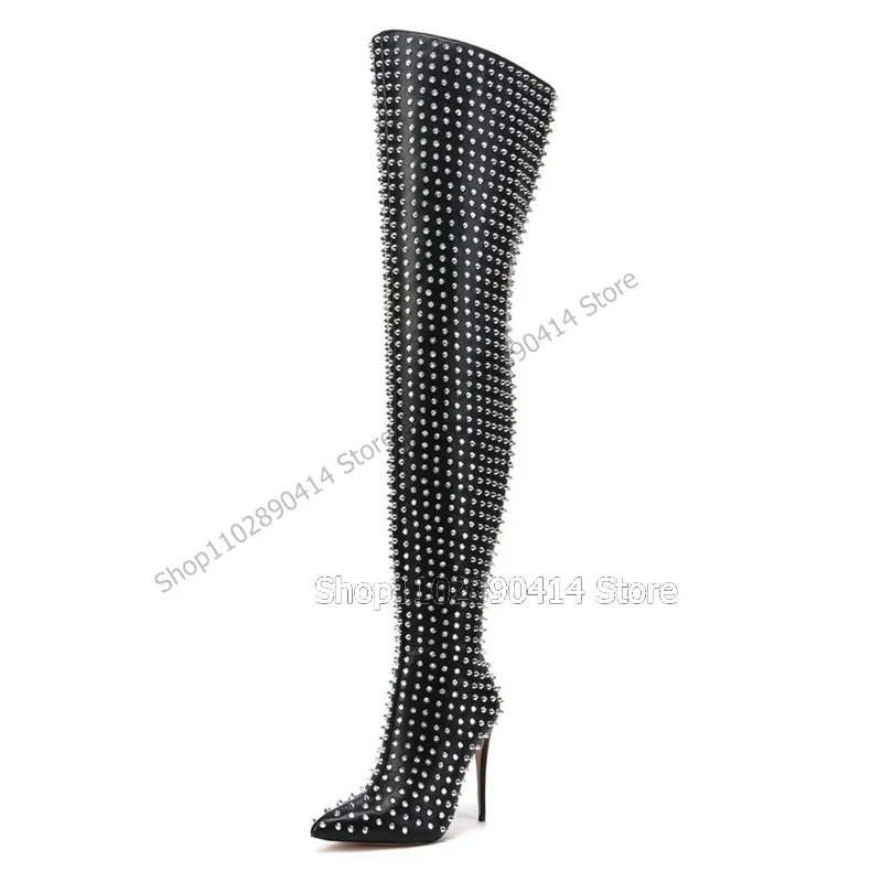 

Silver Rivets Decor Black Pointed Toe Boots Thigh High Women Shoes Thin High Heels Novel Fashion Sexy 2025 Zapatos Para Mujere
