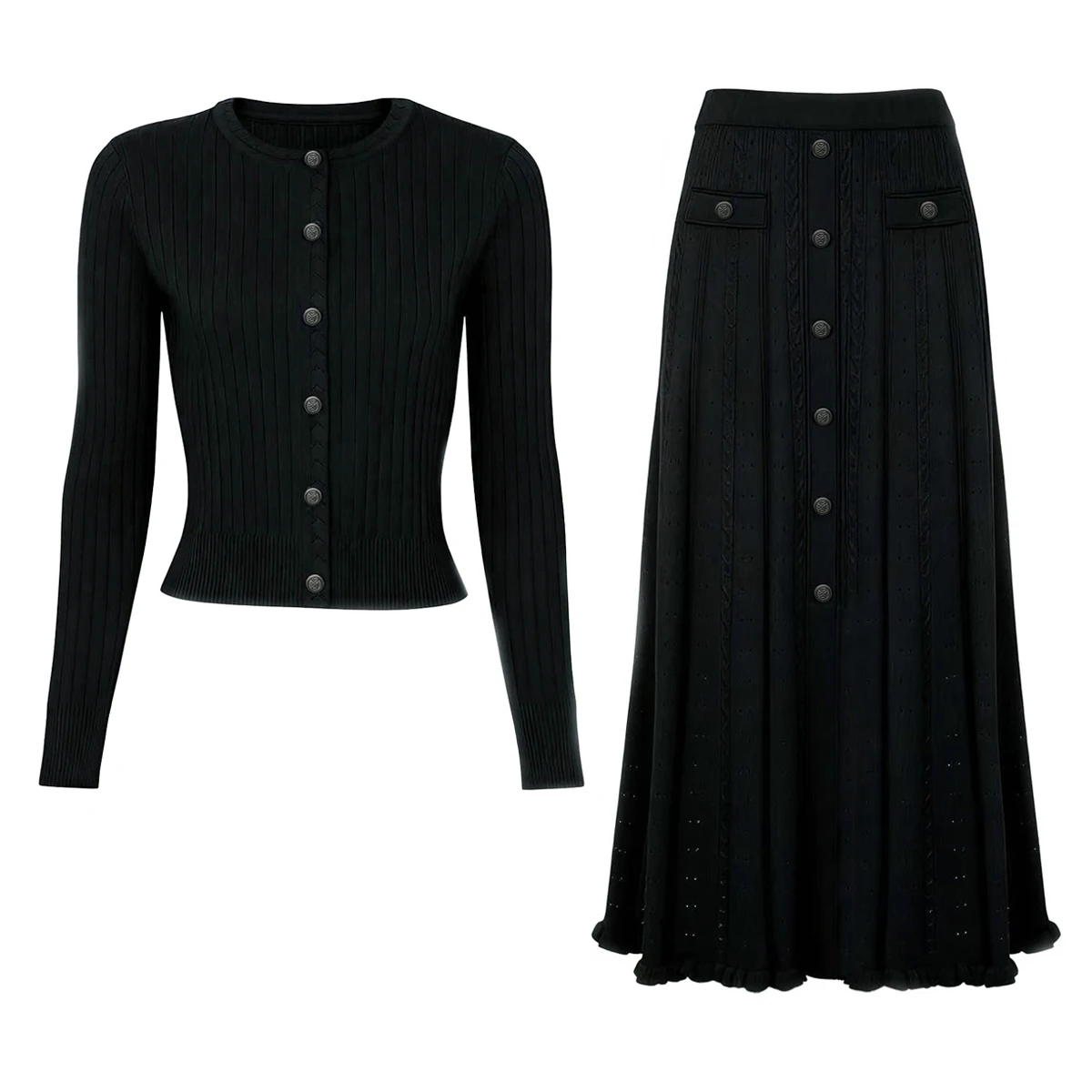 High Quality New Fashionable Elastic Knitted Button Long Sleeved Slim Fit Top Cardigan+half Skirt Ruffled Women's Suit