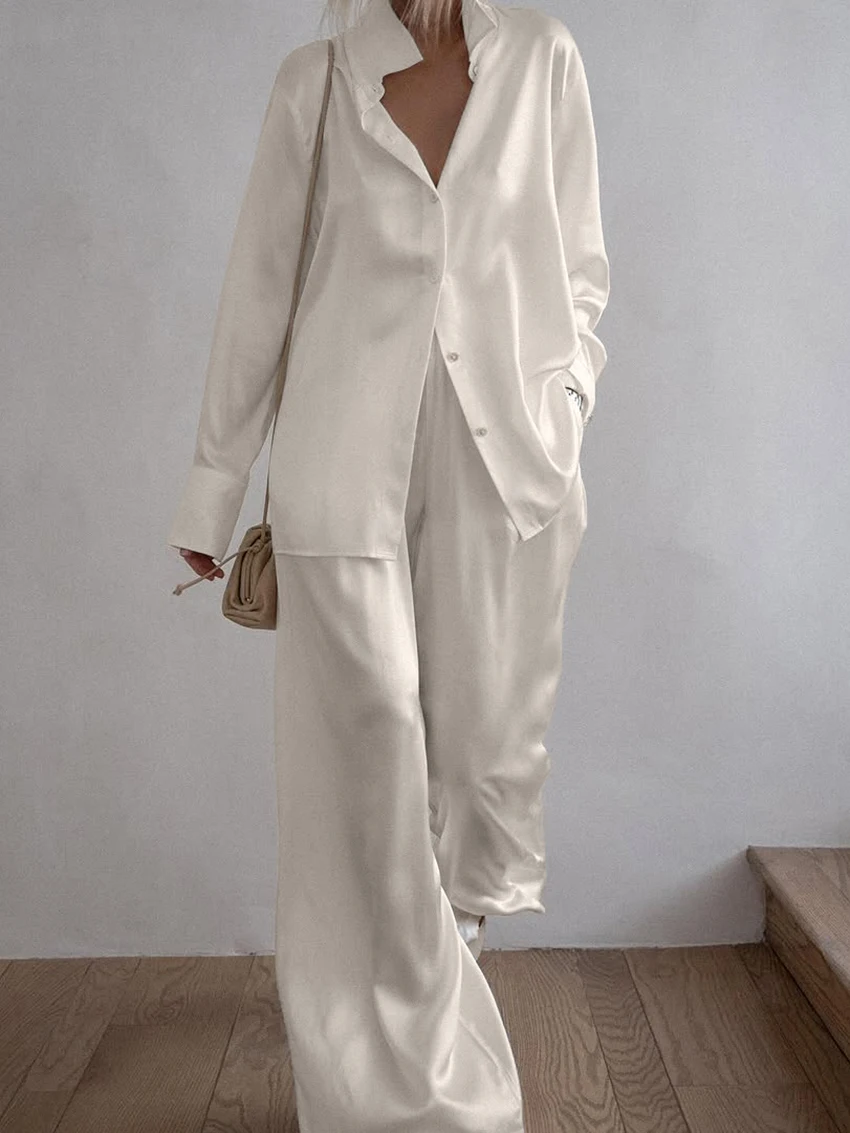 Marthaqiqi Loose Female Nightgowns Set Turn-Down Collar Sleepwear Long Sleeve Nightwear Pants Casual Women Pajamas 2 Piece Suits