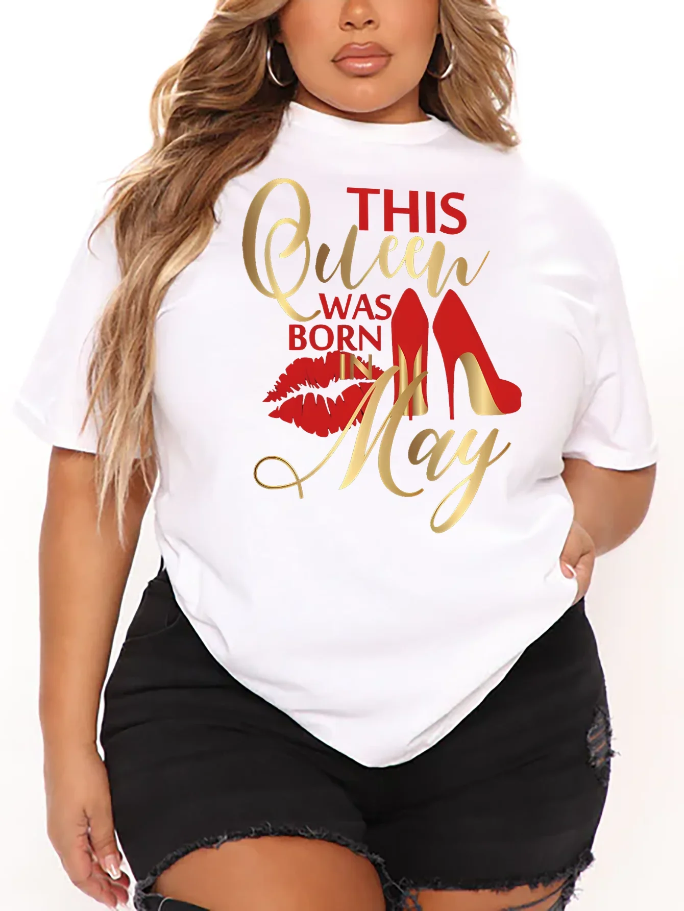 Sommer Damen Casual Kurzarm 7-Farben Rundhals T-Shirt Bedruckte Grafiken Lippen High Heels QUEENS Plus Size T-Shirt