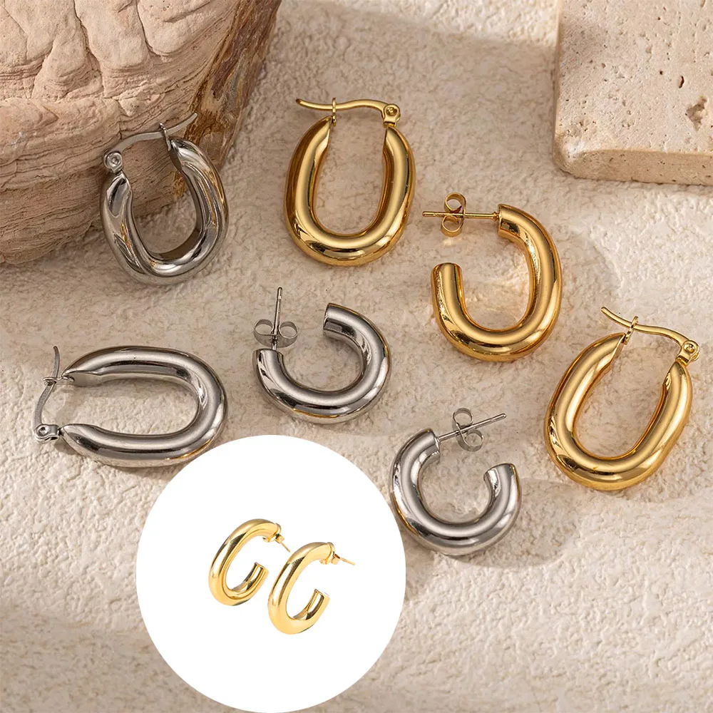 Chunky Huggie Earrings Geometric Gold Plated Stainless Steel Big Gold Plated Hollow C Shape Hoop for Wedding Party Gift Women