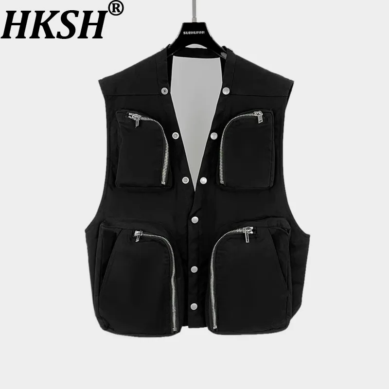 Chaleco de Mujer HKSH Estilo Safari Vintage con Cierres y Botones Oscuros, Múltiples Bolsillos, Sin Mangas, de Moda Urbana, HK26836