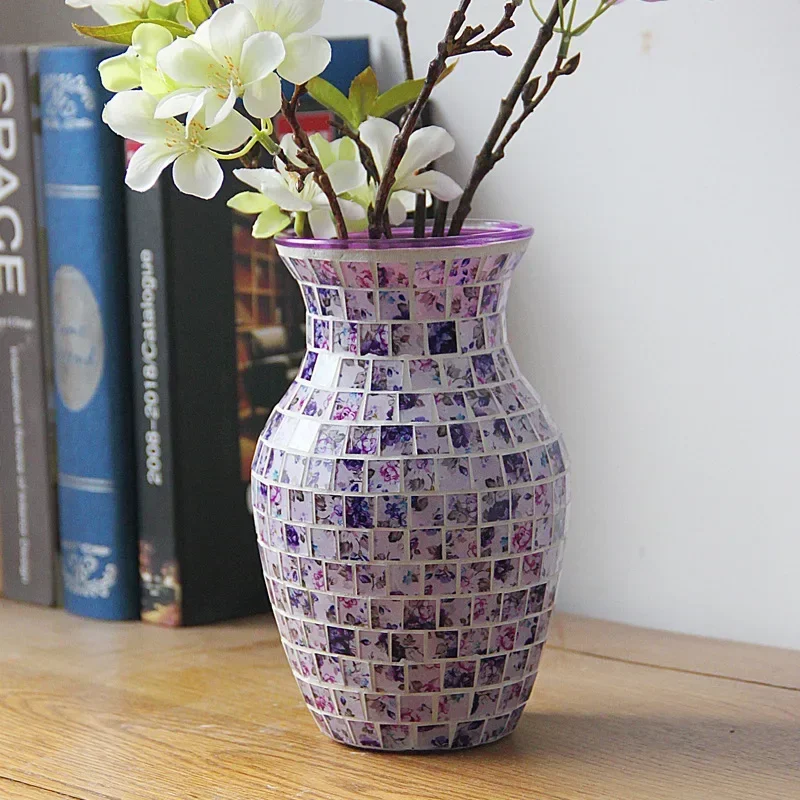 

European Style Pastoral Mosaic Glass Vase, Pink and Purple, Fashion Home and Restaurant Decoration Furnishings