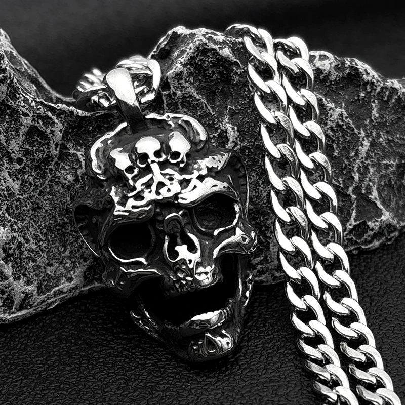 

Gothic Vintage Stainless Steel Skull Pendant Necklaces For Men Nordic Silver Color Odin Amulet Chain Necklace Party Jewelry