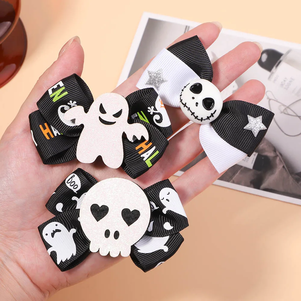 

2Pcs/lot Ribbon Halloween Decoration Bow Hairpin for Kids Ghost Pumpkin Bat Hair Clips Halloween Party Accessories