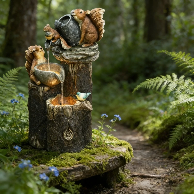 Solarbetriebener Gartenbrunnen mit Eichhörnchen-Motiv aus Kunstharz, LED-Beleuchtung, E2 Enten-Design, Terrassendekoration, Tierfigur, Wasserspiel