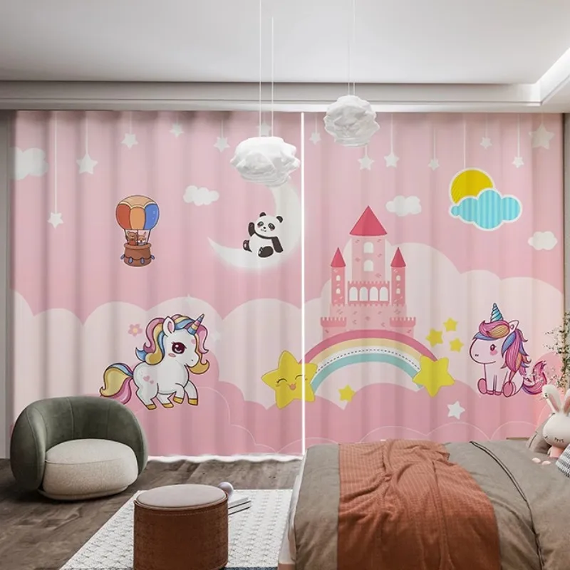 2 Panel Pink Princess Room Curtains Cartoon Unicorn Castle Rainbow Print Curtains for Girls Child Bedroom Curtains cortina