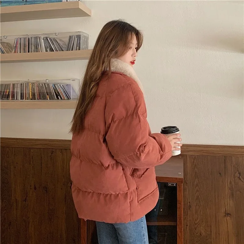 

Женские короткие стильные парки, милый более толстый дизайн на пуговицах, свежий корейский студенческий теплый отложной воротник, мягкая универсальная молния