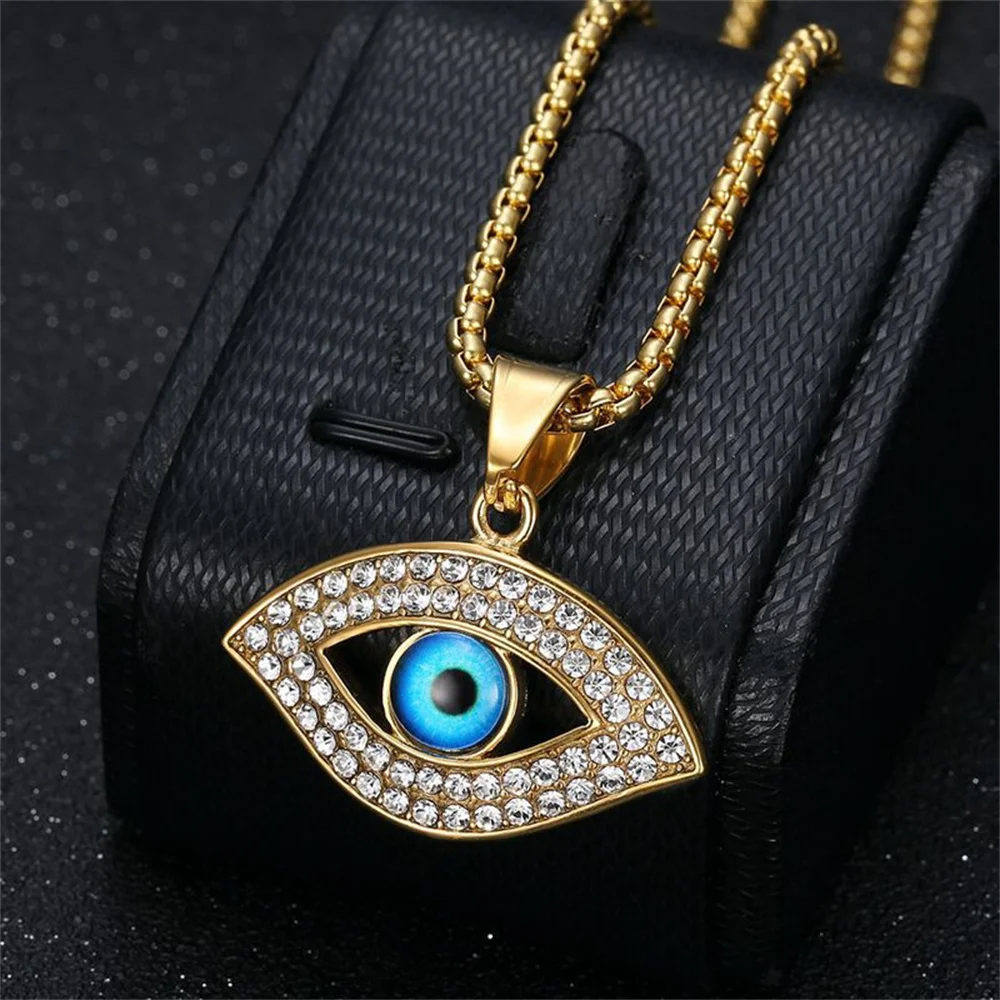 Hip Hop Iced Out Bling Turkish Evil Eye Pendant Gold Color Stainless Steel Amulet Necklace for Women Men Party Jewelry Gift 2025 view 5