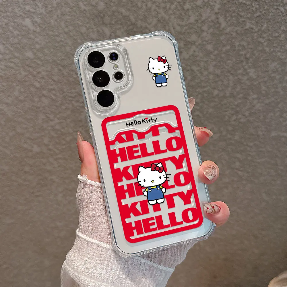 Cartoon Hello Kitty Hot Funny Card Hold Phone Case For Samsung S24 S23 S22 S21 S20 FE Plus Ultra M54 5G Anti-fall Clear Cover