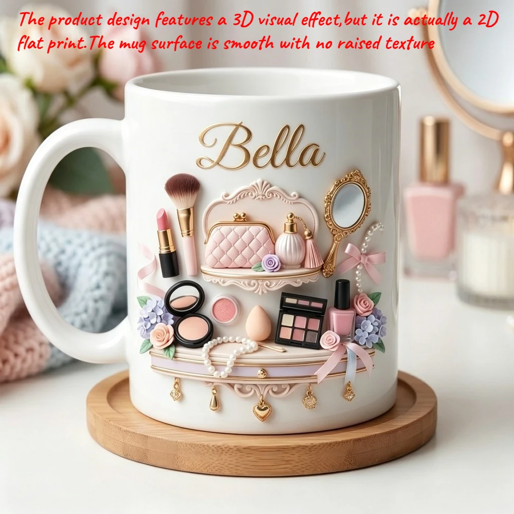 1pc Personalized Makeup Mug Custom Name Pink Ceramic Cup Beauty Vanity Coffee Cup 11oz 2D Heat Transfer Reusable Hot Cold Isolat