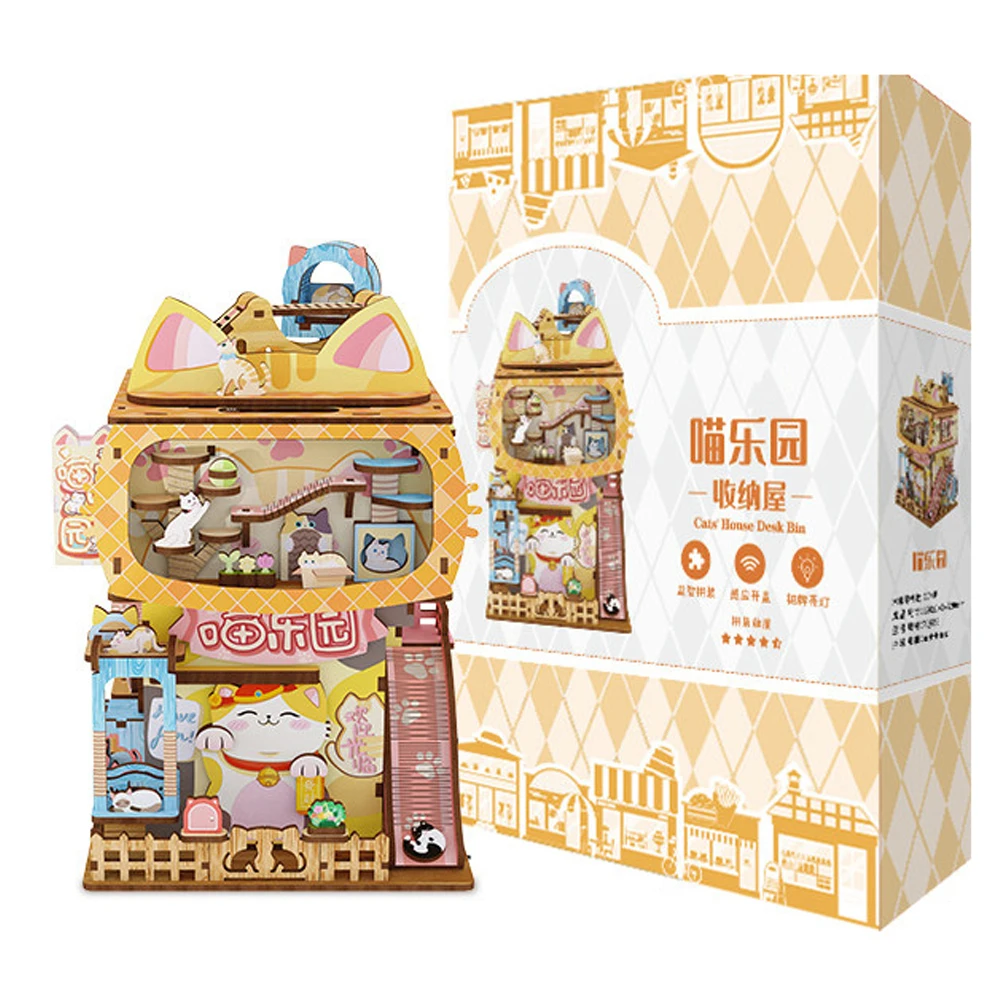 Smart Sensing Door DIY Katzenhäuschen-Bausatz mit LED-Beleuchtung, 174 Teile, Funktionaler Desktop-Aufbewahrungsorganizer Modell Kindergeschenk