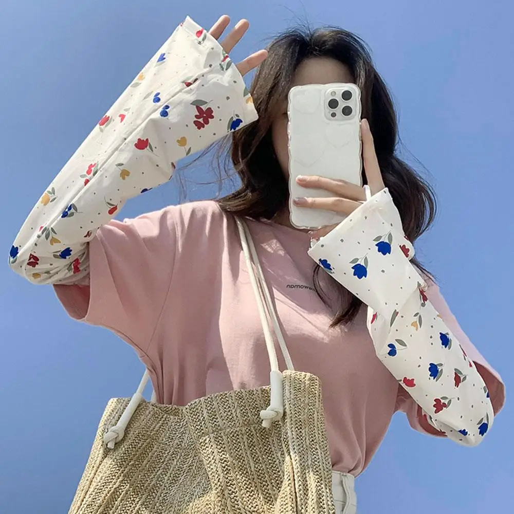 Flower Print Anti-sunburn Sleeve Summer Ice silk Arm Sleeves Outdoor Driving Cycling Sun Protection Long Sleeve Adjustable Cuff