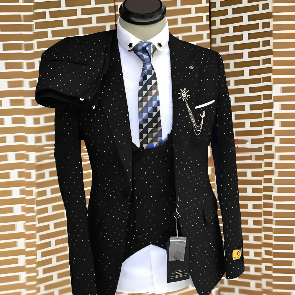 Polka Dot Men's Suit Three-piece Fashionable Business Work Clothes Groom Wedding Tuxedo Jacket Pants Vest Custom Outfit
