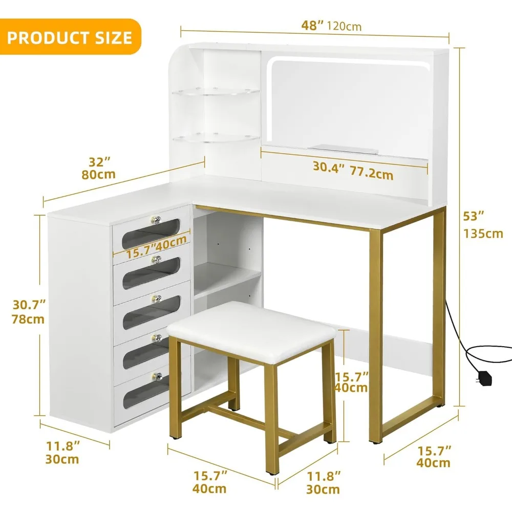 L-Shaped Vanity with Mirror and Light, 3 Lighting Modes, 48 Inch Large Vanity with Storage Function