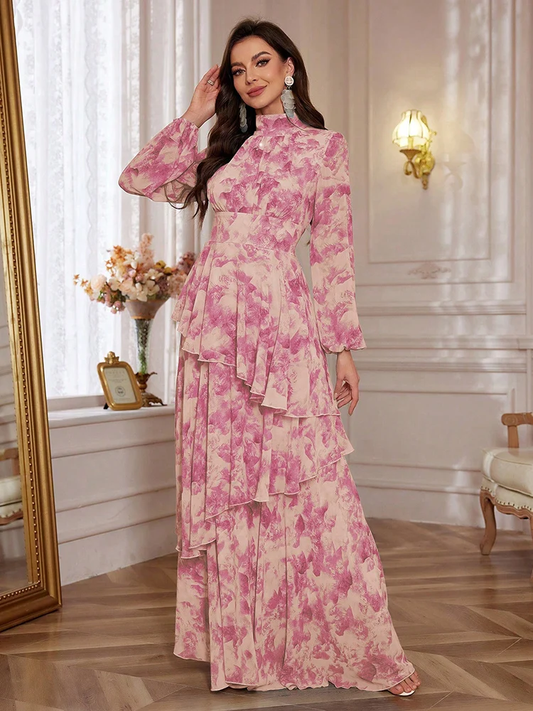 TOLEEN Women Floral Print Lantern Sleeve Ruffle Trim Chiffon Dress 2024 Spring Summer Casual Elegant Formal Party Maxi Dresses
