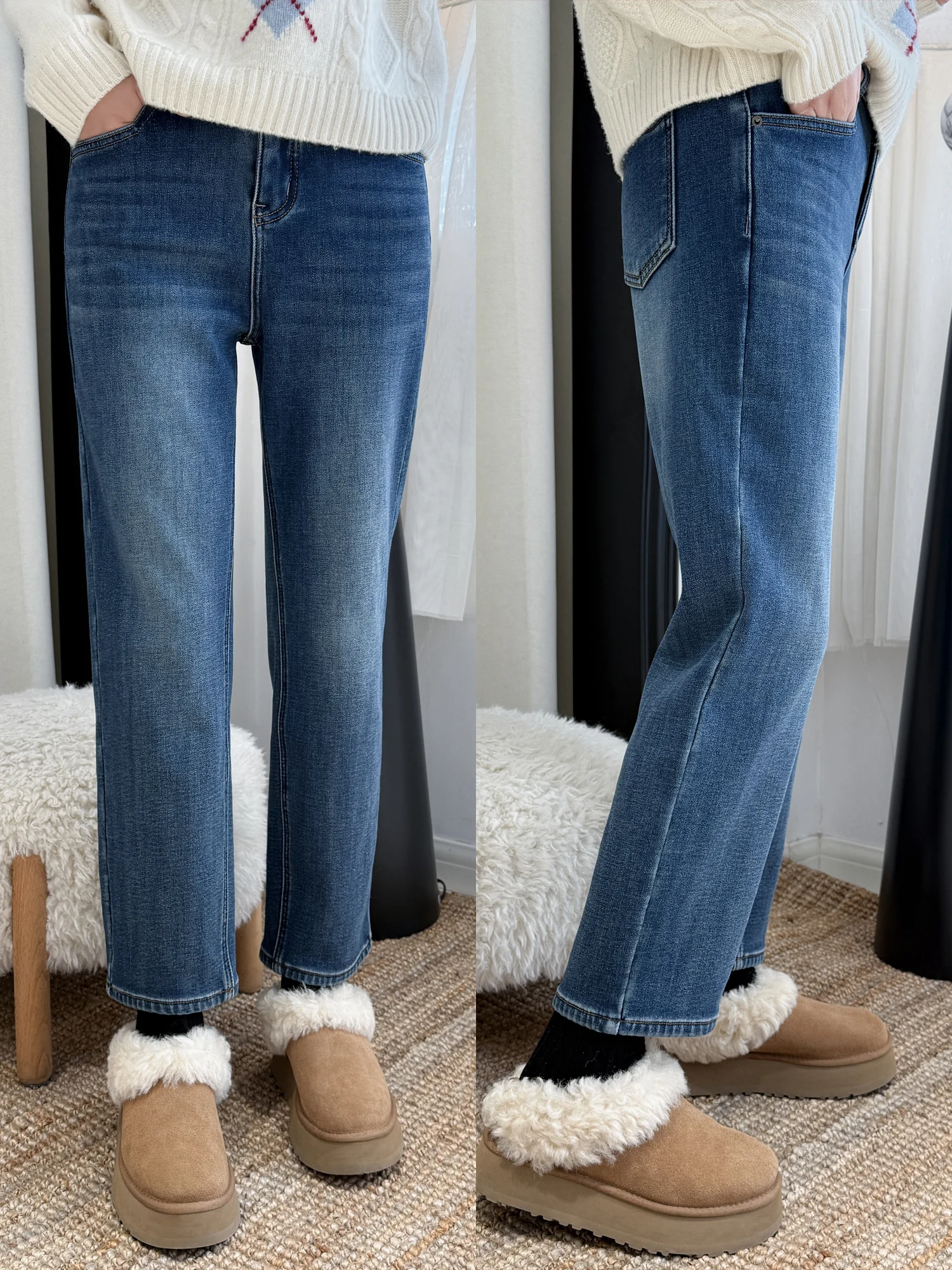 

Slim Fit High Waist Stretchy Fce Lined Thi Straight Leg Jeans Winter Ladies Commute Sle Cotton Jeans Button Closure