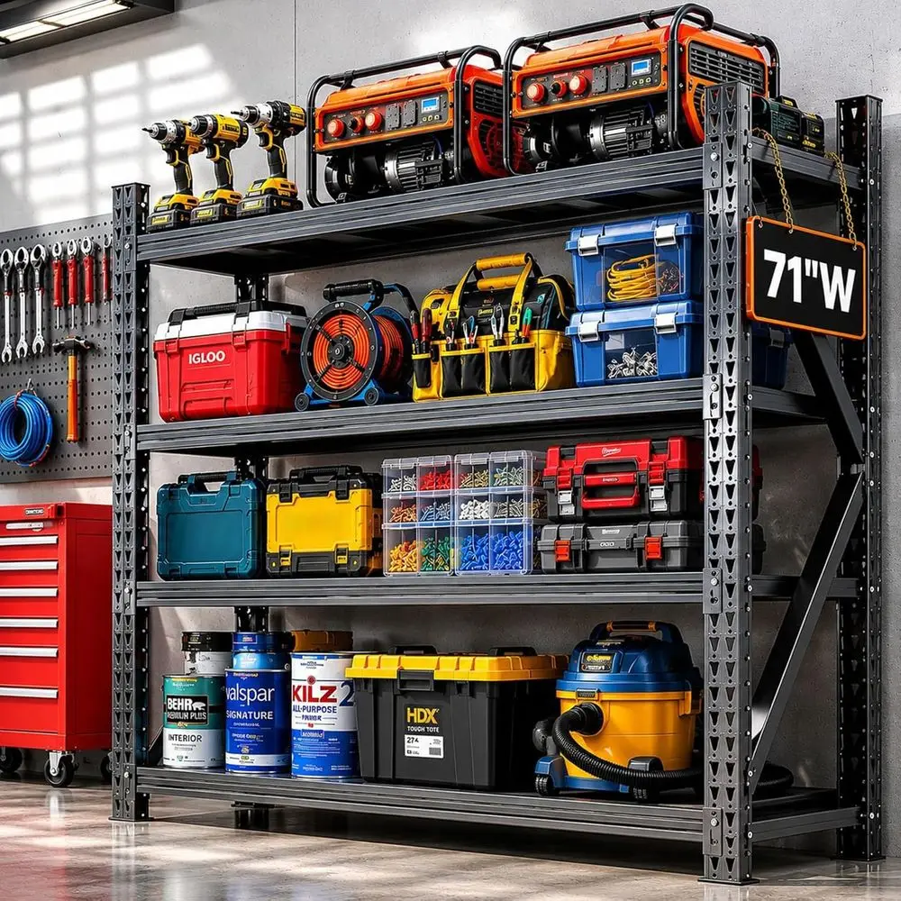 

71 Wide Heavy-Duty 4-Tier Adjustable Metal Shelving for Garage, Warehouse, and Office