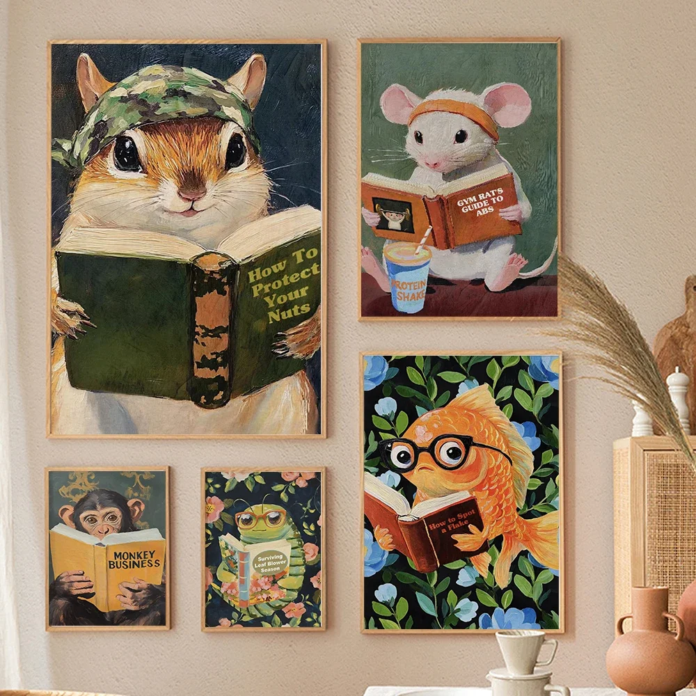 

Playful Monkey Squirrel Bookworm Fish Wall Art Funny Animal Fitness Print for Bathroom Office Decor Murals Humor Lover Gifts