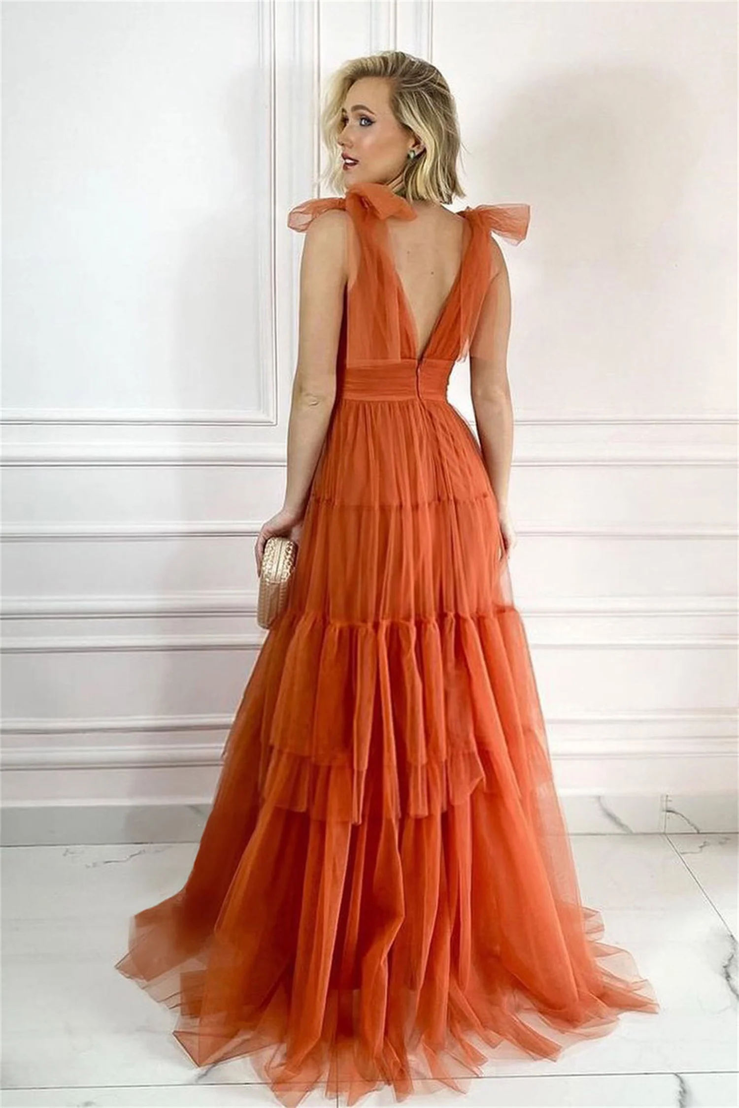 Customized Simple A-line burnt orange tulle long prom dress pleated floor-length evening dress V-neck dress suitable for prom