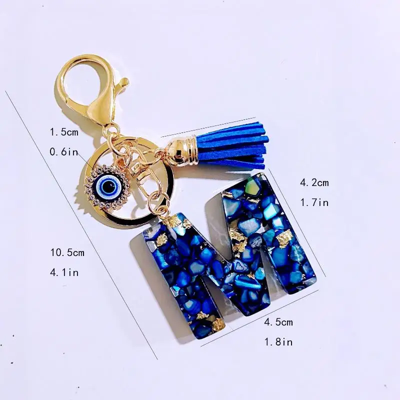 1Pcs  Letter Charm Pendant With Rhinestones And Tassel Blue Resin Initial Keychain Stylish Gift For Women