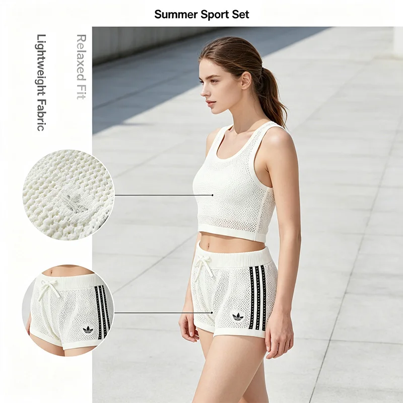 Adidas  Trefoil Women's Sports Pants White Shorts Set Women Sporty Casual Summer Outfit Side Stripe Relaxed Fit Activewear